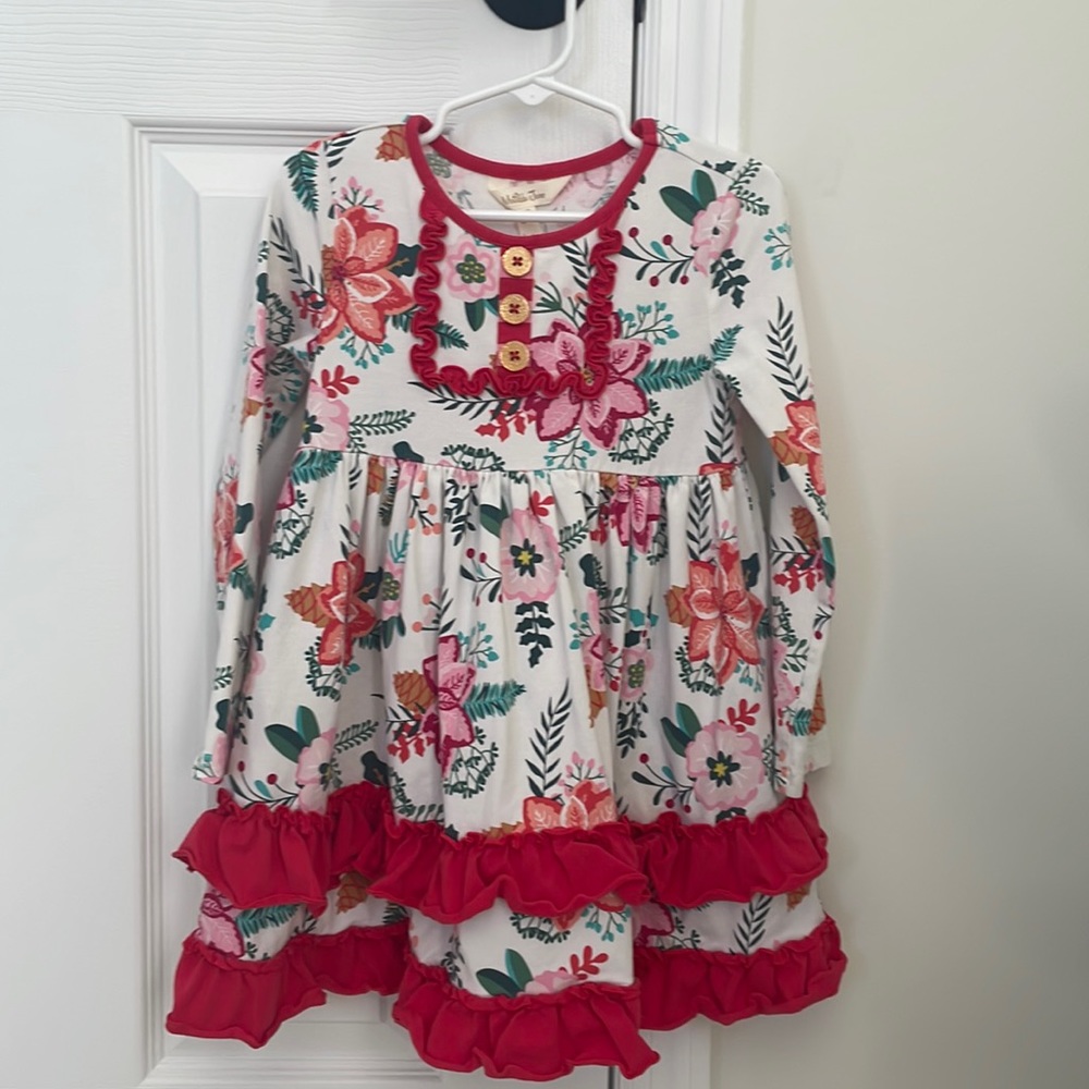 Matida Jane Floral Long Sleeve Kids Dress with Red Accents